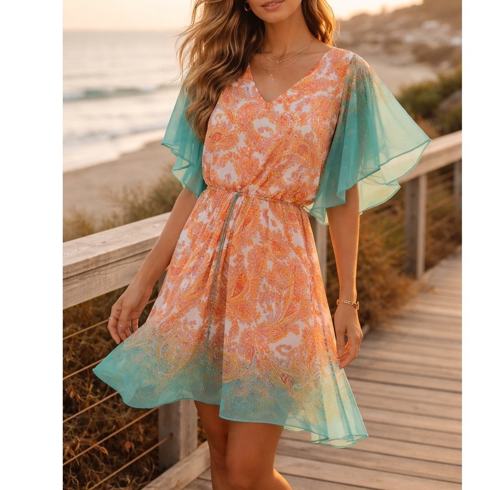 Bisou Bisou Paisley Chiffon Dress Boho Coastal Flutter Sleeve Size 10